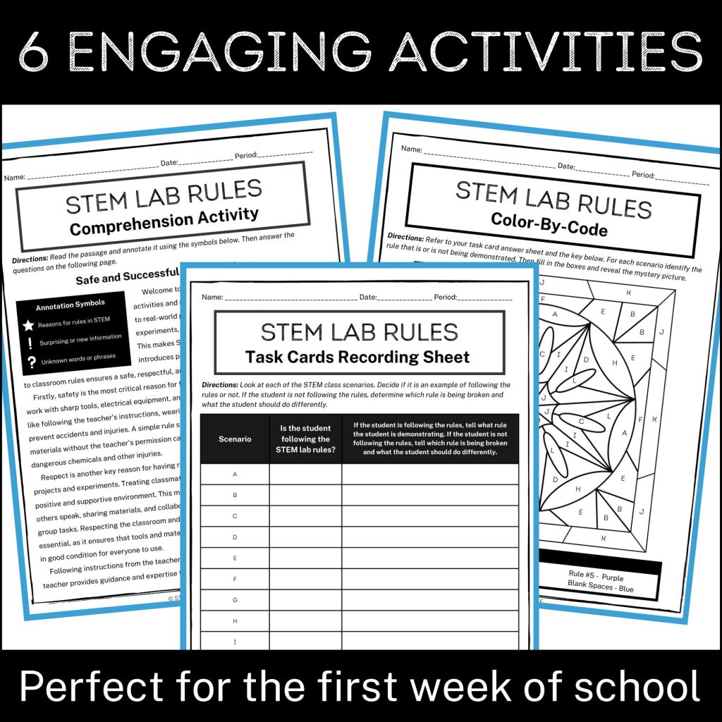 This image shows three worksheets about STEM classroom rules, including a reading comprehension passage, a task card sort, and a color-by-number activity.