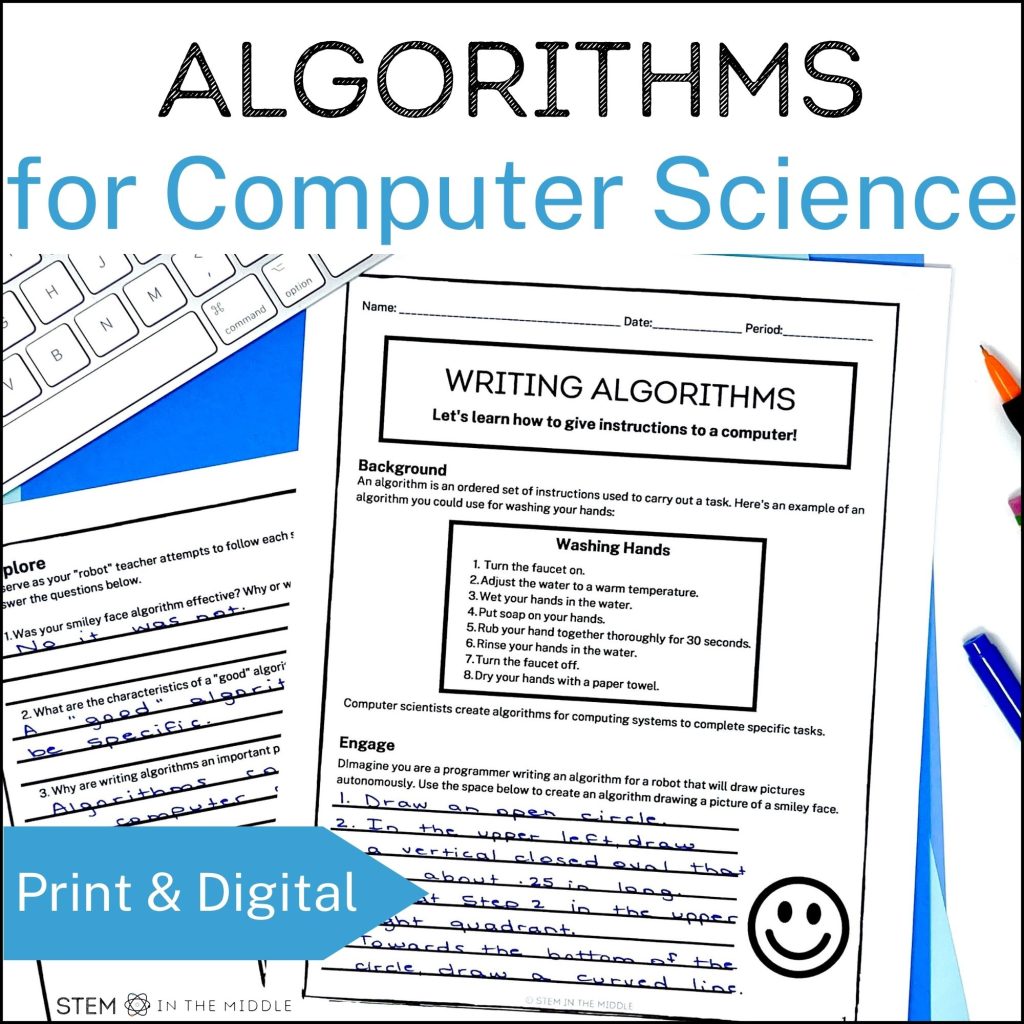 This image shows a worksheet titled "Writing Algorithms." The text reads, "Algorithms for Computer Science: Print and Digital."
