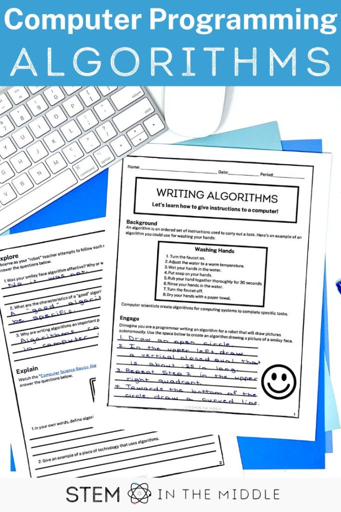 This image shows a worksheet titled "Writing Algorithms" next to a computer keyboard and mouse. The text reads "Computer Programming Algorithms."