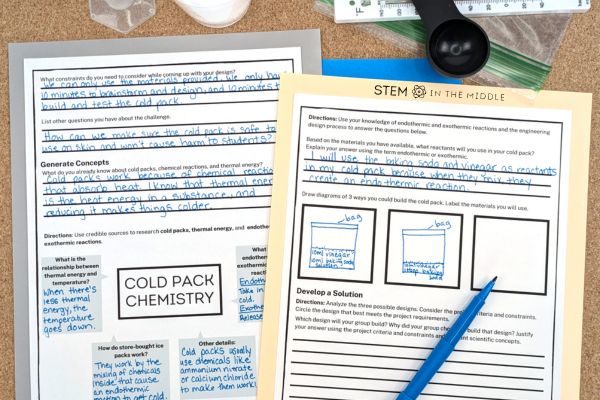 This image shows two worksheets that have been partially completed. There is research about cold pack chemistry and brainstormed designs for a DIY cold pack.