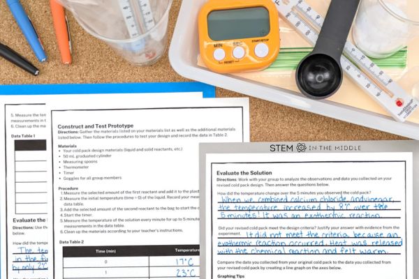 This image shows three worksheets where data was recorded and evaluated for a DIY cold pack design. There are various science materials in the background, such as a timer, thermometer, and graduated cylinder.
