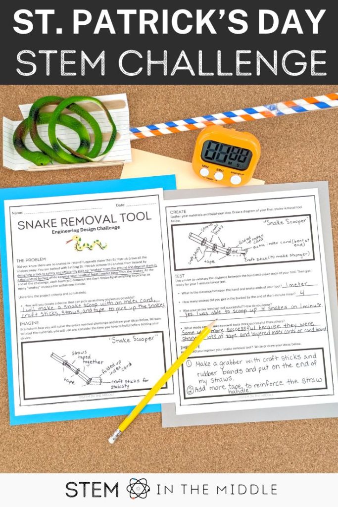 This image is titled "St. Patrick's Day STEM Challenge." It shows a worksheet titled "Snake Removal Tool." The worksheet shows a students design for the tool and ideas for improving their prototype. There is a timer and a prototype of their tool created from wooden craft sticks, straws, and index cards. There is a snake sitting on top of the tool.