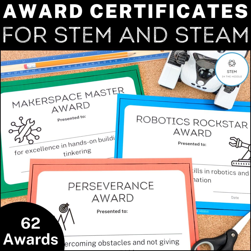 This image shows 3 awards for STEM students, including "Makerspace Master," "Robotics Rockstar," and "Perseverance."