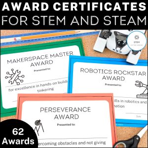 This image shows 3 awards for STEM students, including "Makerspace Master," "Robotics Rockstar," and "Perseverance."