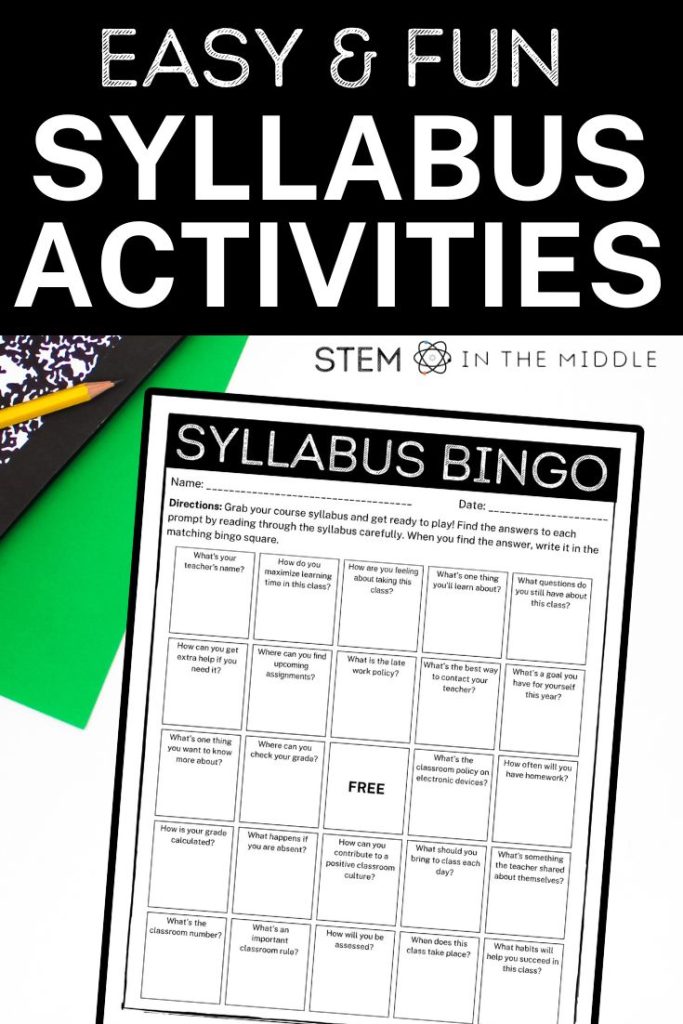 This image shows a worksheet titled "Syllabus Bingo." The worksheet is a Bingo card where each box features a question about a class syllabus, such as "When do you have homework?" and "Where can you check your grade?." The image heading reads, "Easy & Fun Syllabus Activities."