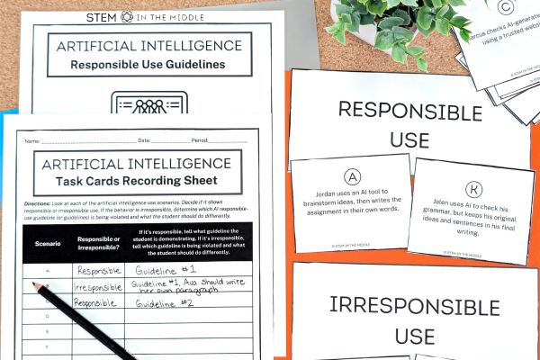 This image shows a responsible/irresponsible use card sort with various scenarios relating to students using artificial intelligence at school. There is a partially complete task recording sheet where students explain why an activity is responsible or irresponsible AI use.