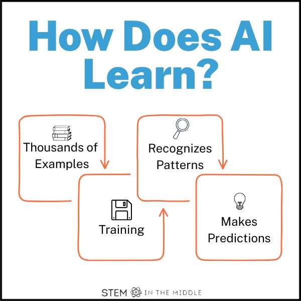 This image reads "How Does AI Learn?" Then it shows a flowchart. The first item reads "Thousands of examples." The next item reads "training." Then "Recognize patterns." Finally "makes predictions."