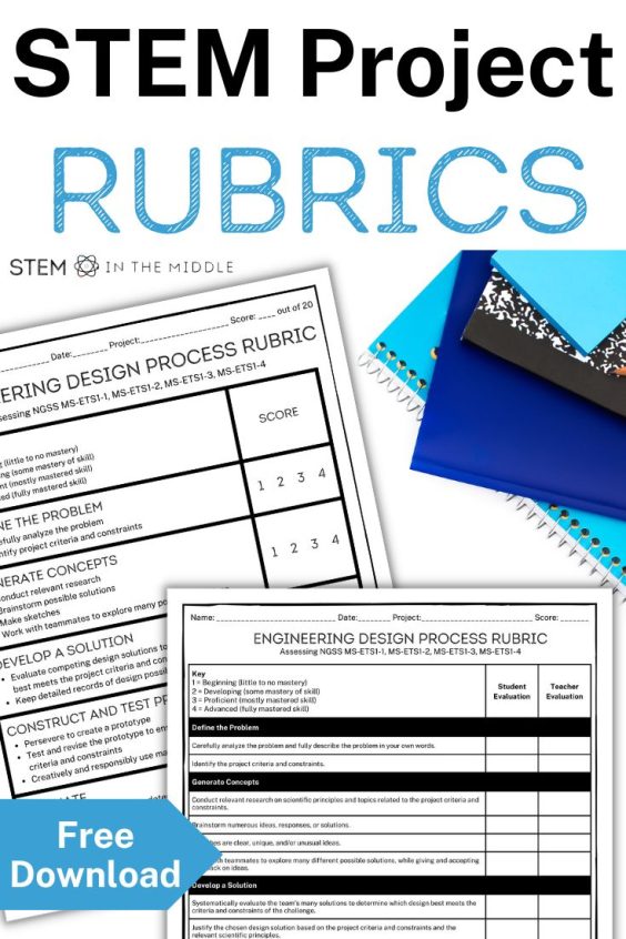 This image shows 2 rubrics titled "Engineering Design Process Rubric" surrounded by school supplies. The text says "STEM Project Rubrics: Free Download."