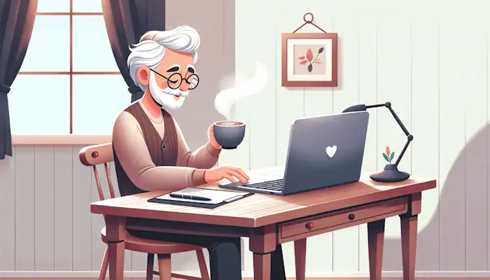 Retiree working on a laptop