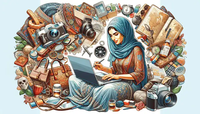 A colorful illustration of a person sitting at a desk, typing on a laptop