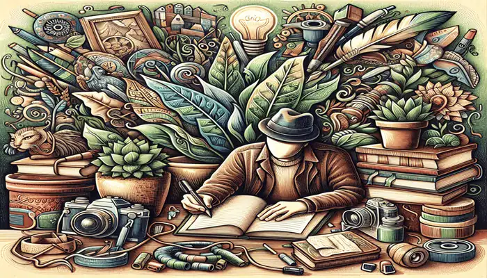 A person writing in a journal with a pen, surrounded by various lifestyle items