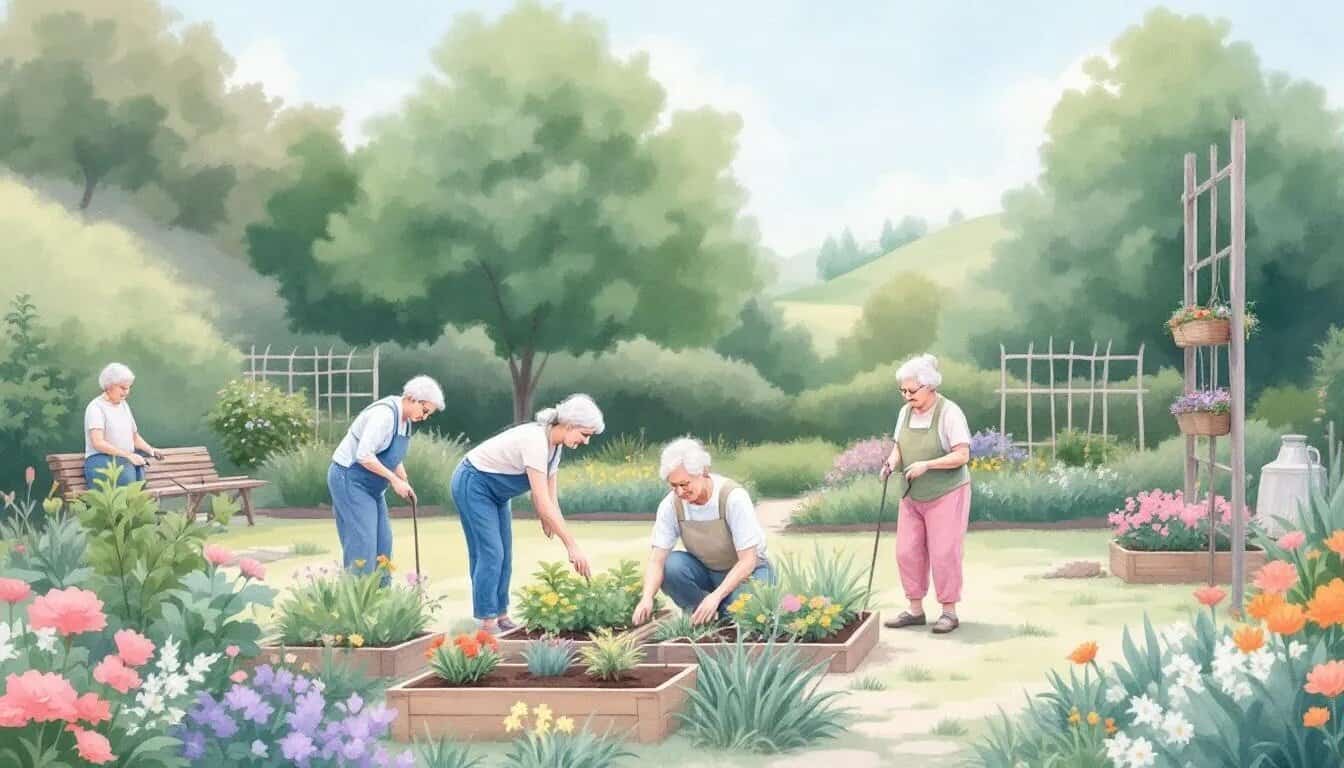 Retirees volunteering in a community garden.