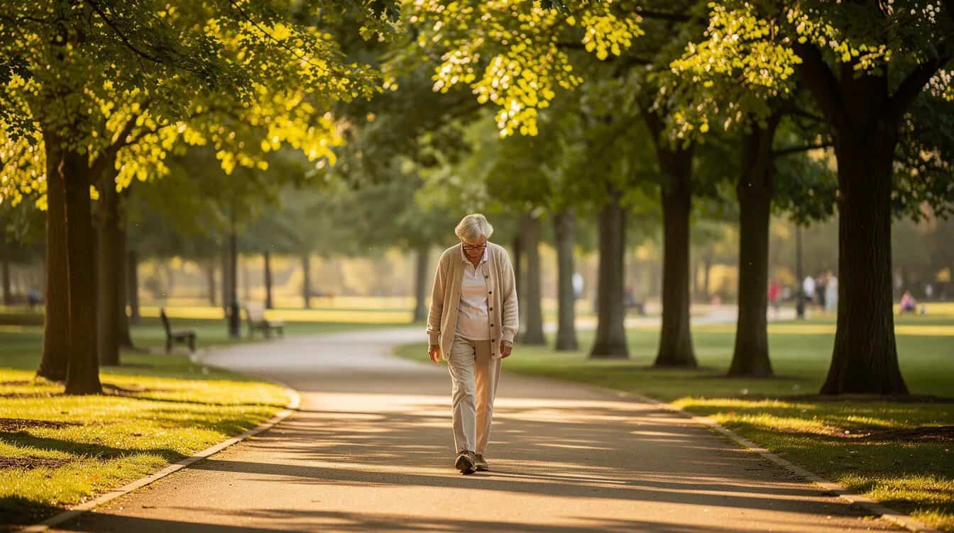 An older adult is walking along a tree-lined park path on a sunny morning, enjoying the fresh air and engaging in low impact cardio exercises that promote cardiovascular health and overall well-being. This activity supports an active lifestyle and helps maintain independence while enjoying the mental health benefits of being outdoors.