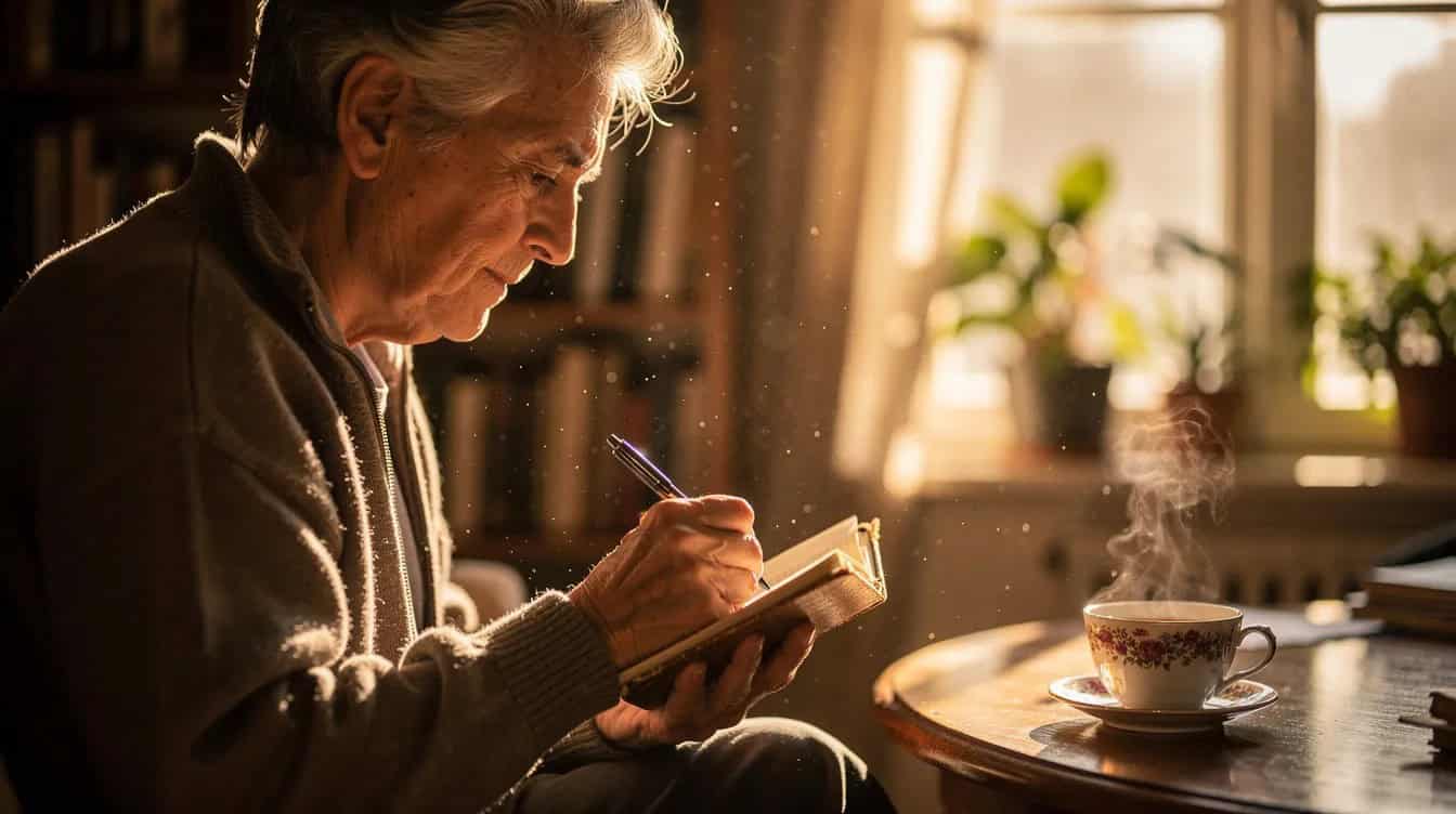 An older person is sitting in a sunlit room, engaged in gratitude journaling as they write in a small notebook, with a steaming cup of tea beside them. This scene reflects the simple act of practicing gratitude, which can enhance overall well-being and boost happiness through daily reflection.