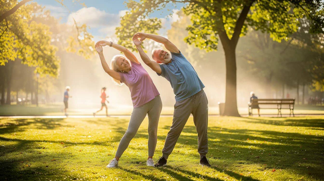 Two seniors are outdoors in a park, engaging in stretching exercises together on a sunny morning. They are performing a hamstring stretch, sitting comfortably with their feet flat on the ground, and gently leaning forward to relieve muscle tension and maintain mobility.