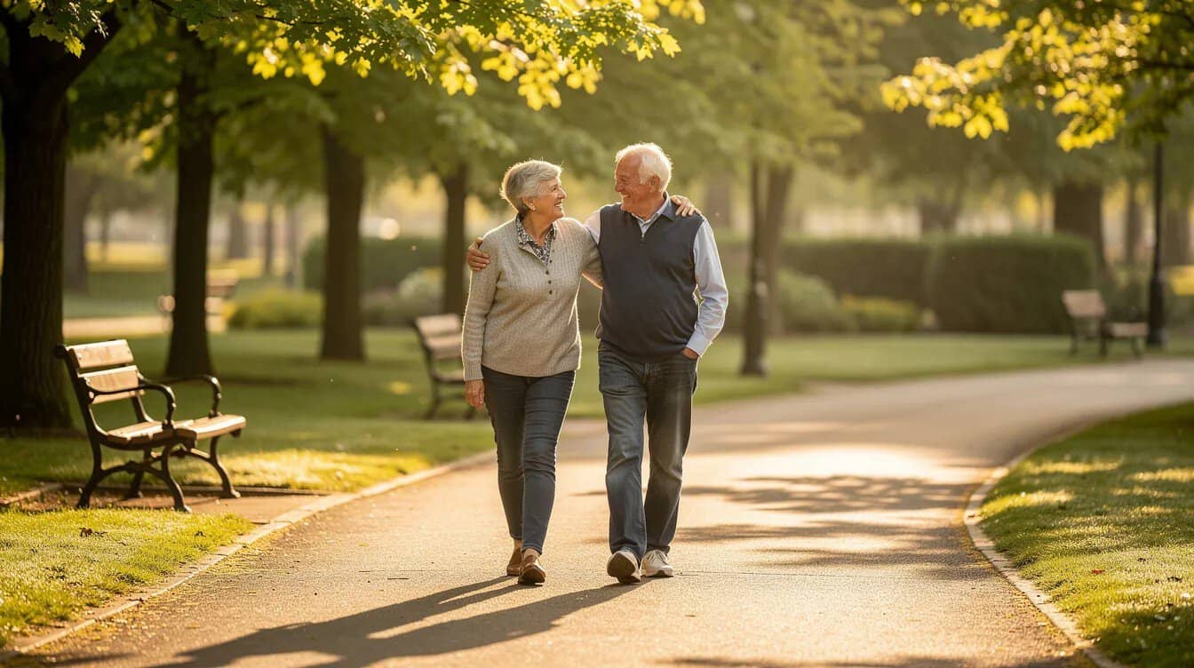 An older couple is seen walking side by side on a tree-lined park path.