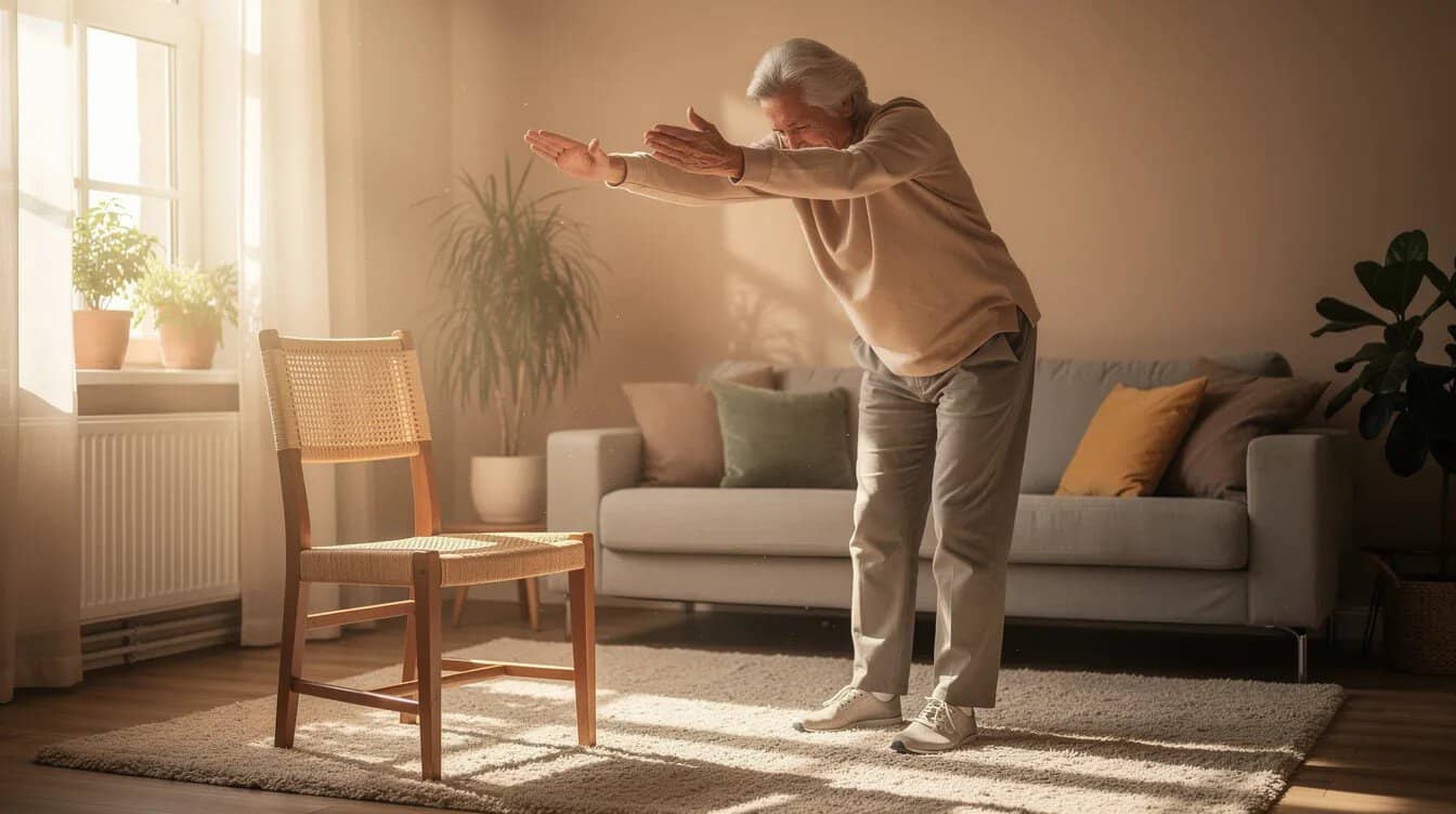 An older adult is gently stretching in a sunlit living room, sitting comfortably with feet flat on the floor and a sturdy chair nearby. The individual is performing upper body stretches to help maintain mobility and reduce stiffness, incorporating gentle movements to alleviate muscle tension and promote relaxation.