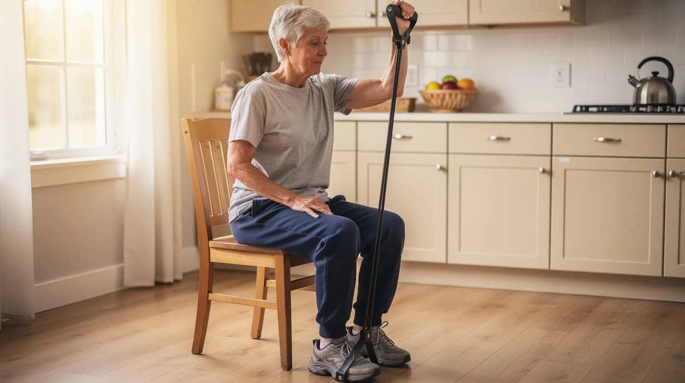 An older adult is seated in a sturdy kitchen chair, performing a resistance band arm curl to enhance upper body strength as part of their exercise routine. This low impact exercise is ideal for seniors, promoting muscle strengthening and overall health while accommodating limited mobility.