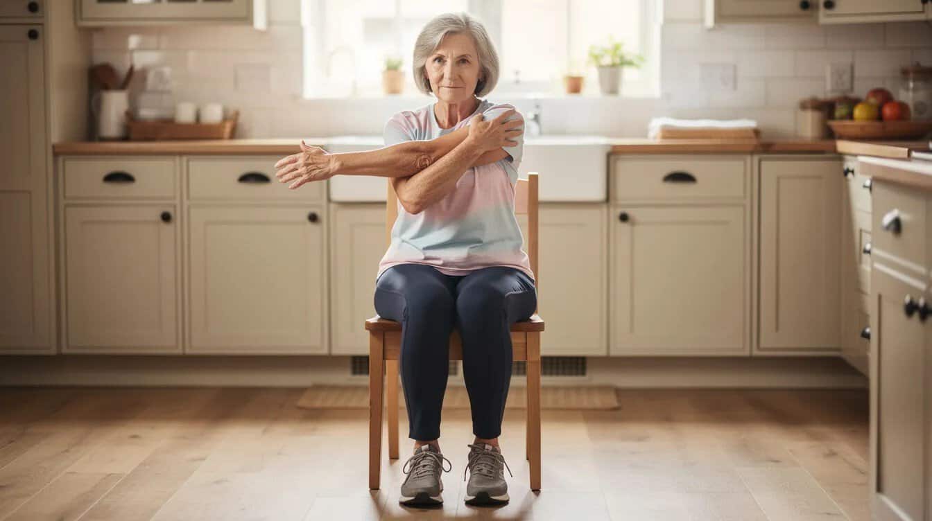 An older woman is seated in a kitchen chair, performing a gentle shoulder stretch with her left arm raised overhead while keeping her feet flat on the ground. She sits comfortably and maintains an upright position, promoting upper body flexibility and reducing stiffness through this stretching exercise.