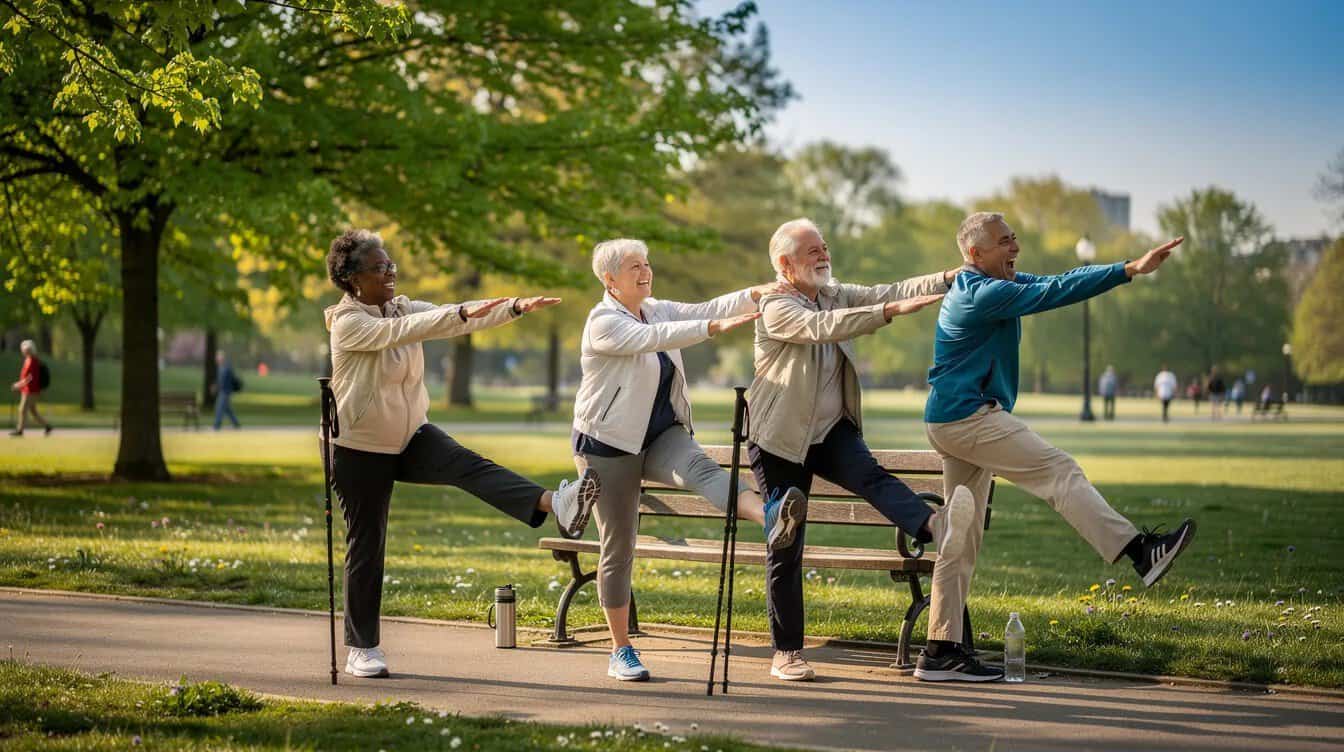 A small group of older adults is gently stretching in a park, preparing for their walking routine. They are dressed in comfortable athletic shoes and are focusing on their flexibility, highlighting the importance of regular brisk walking for maintaining overall health and fitness benefits.