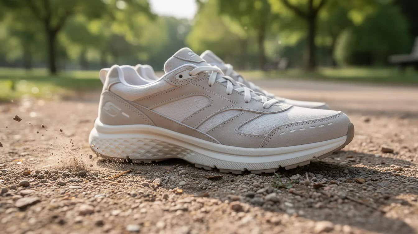A close-up view of a pair of cushioned walking shoes resting on a gravel park trail, highlighting their supportive design ideal for brisk walking and daily exercise routines. These shoes are essential for anyone looking to improve their fitness and overall health while enjoying the benefits of walking regularly in nature.