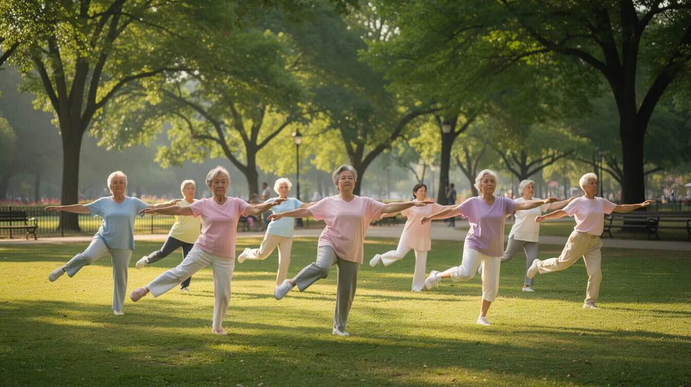A group of older adults is practicing tai chi in a serene park, surrounded by trees, as they engage in low impact exercises that promote cardiovascular health and enhance balance. The gentle, flowing movements of tai chi contribute to their overall well-being and support an active lifestyle.
