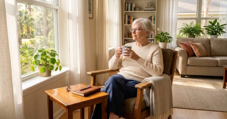 Woman sitting in a chair drinking coffee.