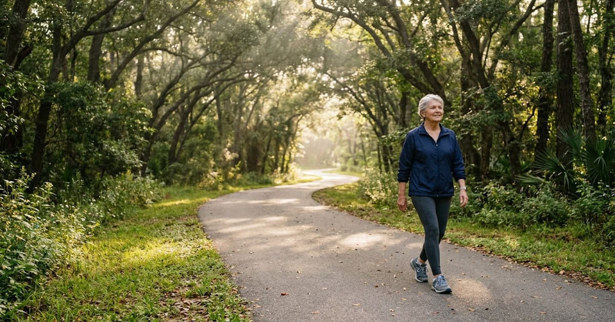 Older adult female walking down a path.
