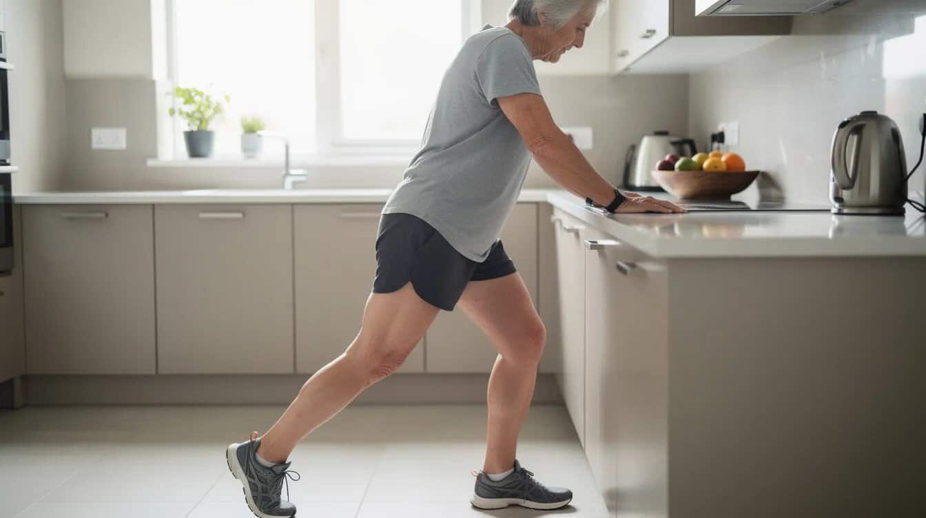 An older adult istanding against a kitchen counter, with their feet flat on the ground and toes facing forward.