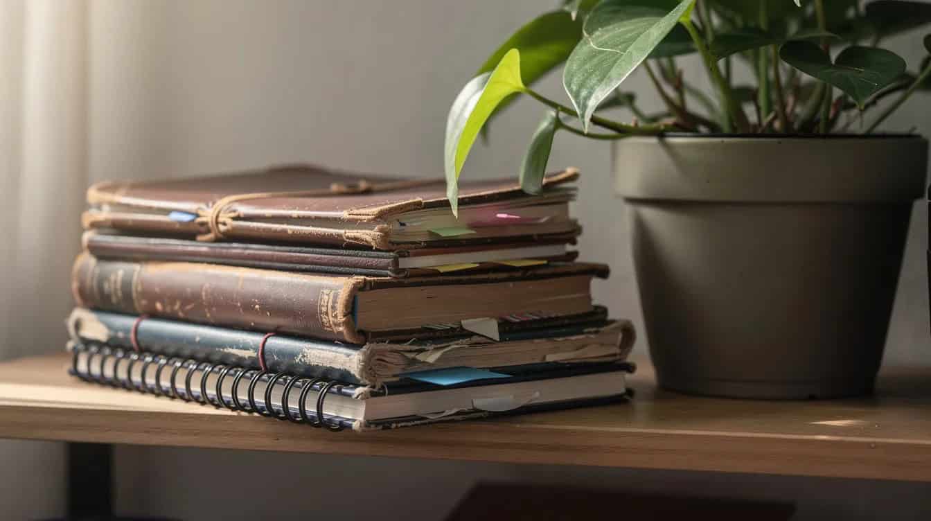 A small stack of well-used notebooks sits on a shelf next to a vibrant potted plant, symbolizing a personal gratitude journaling practice. These journals, filled with gratitude entries, reflect the positive aspects of daily life and the emotional impact of expressing gratitude.