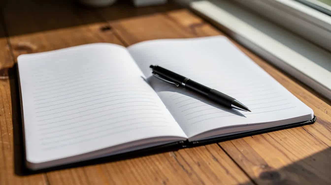 An open lined notebook with a pen resting on top sits on a wooden table.
