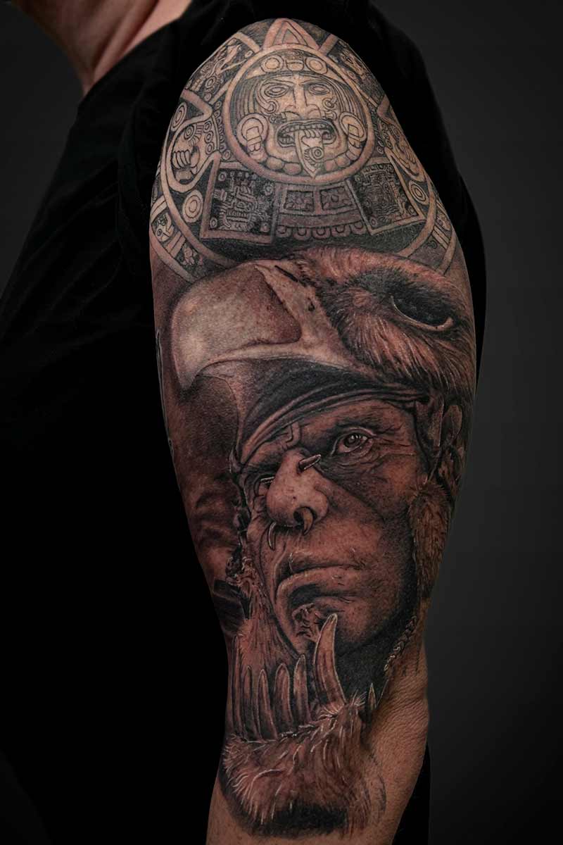 Realism tattoo aztec man symbols by Arhat