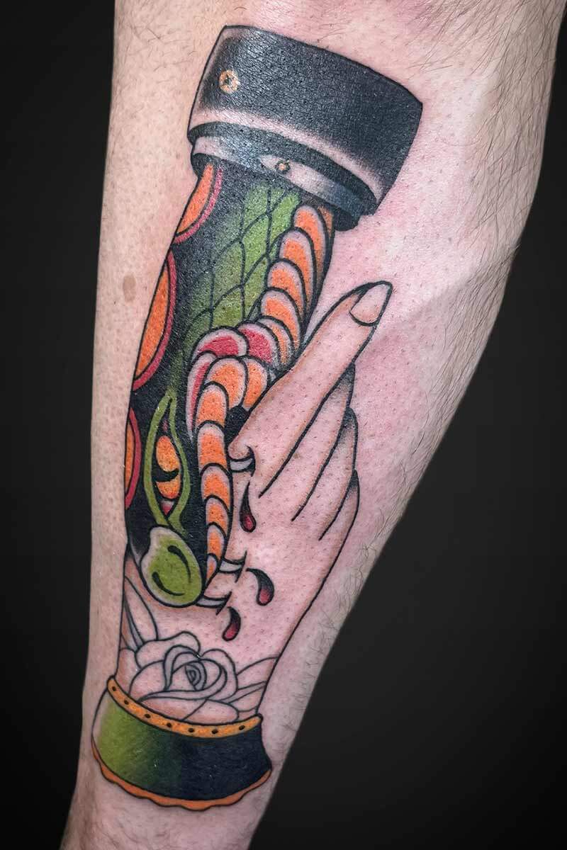 Neotraditional tattoo snake hand by Cam