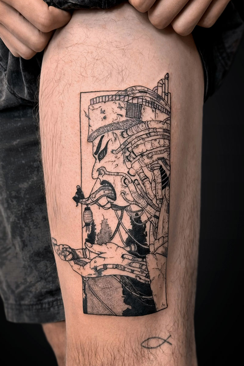 Rectangular thigh tattoo of a detailed robotic/cyborg head with tubes and hands, holding a lantern over a cityscape.