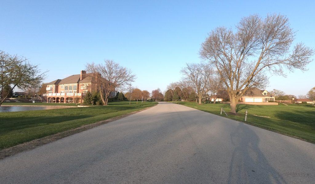 Looking down a paved road through a spacious suburban neighborhood with mansions on the sides and short leafless trees spaced out.