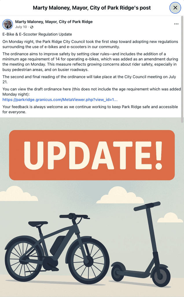 Electric bike and scooter safety update in Park Ridge, Illinois for suburban Chicago cycling enthusiasts.