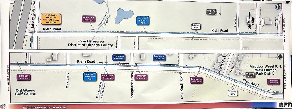 Map of Klein Road off-road bike path designs in DuPage County, Illinois.
