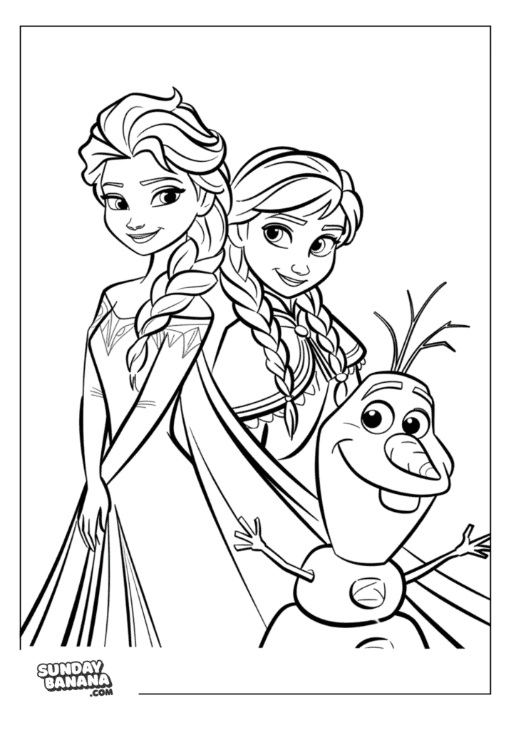 03-elsa-anna-olaf-together-frozen-coloring-page Queen Elsa, Princess Anna and Olaf Portrait Pose Disney Frozen coloring page
