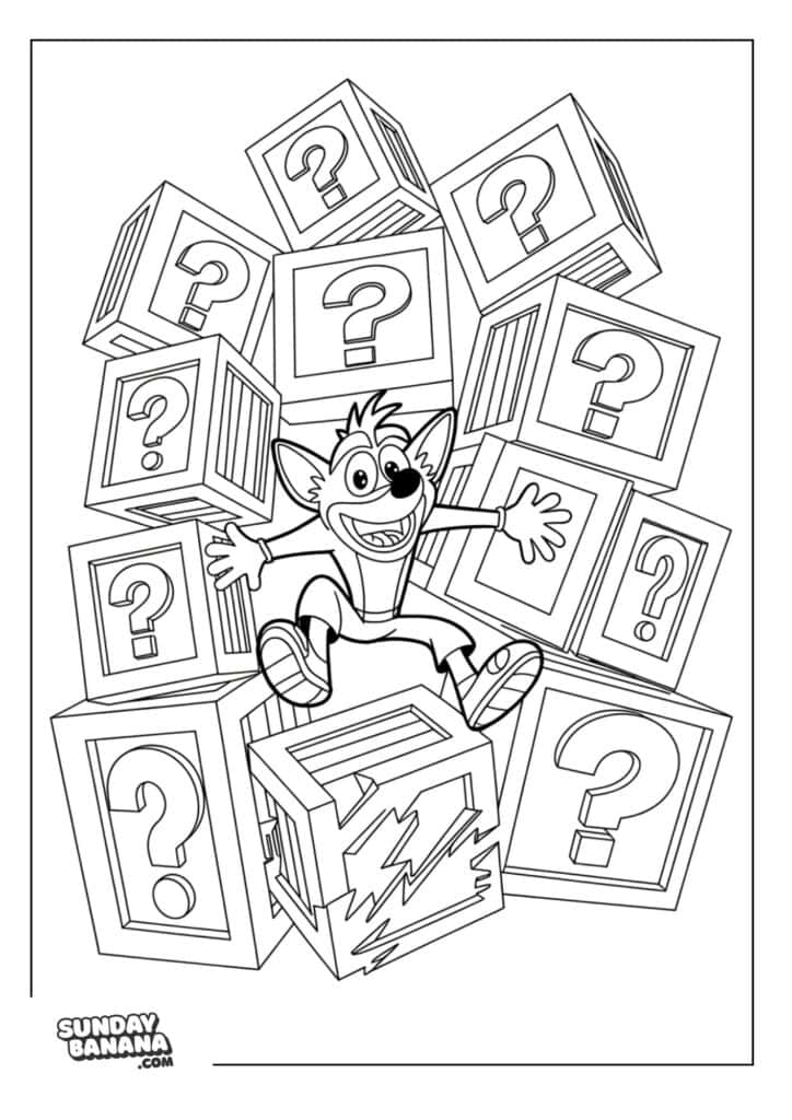 04-crash-surrounded-by-question-boxes-crash-bandicoot-coloring-page Crash surrounded by big question mark boxes with one broken under him Crash Bandicoot coloring page