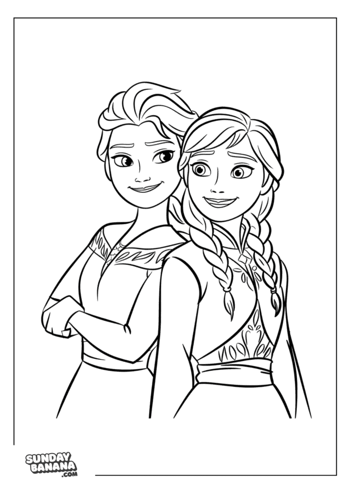 07-queen-elsa-and-princess-anna-back2back-frozen-coloring-page Queen Elsa and Princess Anna Looking at each with back to back portrait Disney Frozen Coloring Page