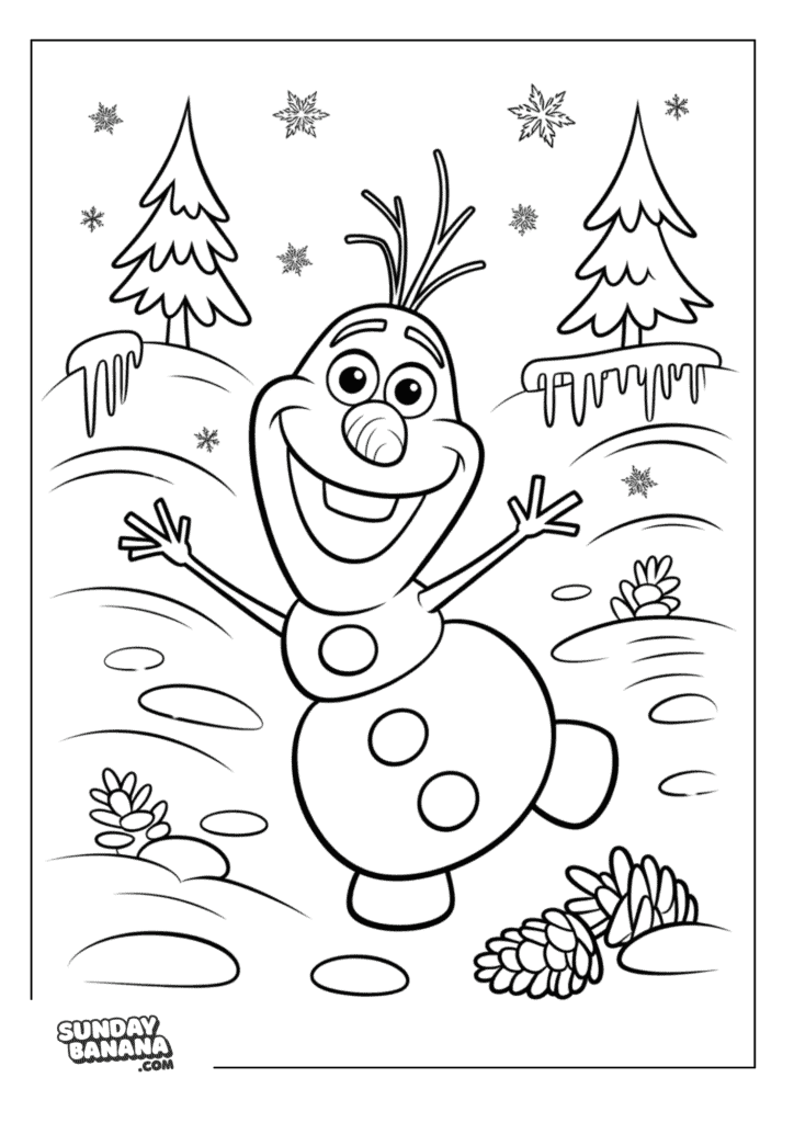 14-happy-olaf-in-snowy-forest-frozen-coloring-page Happy Olaf with arms wide open in snowy forest Disney Frozen coloring page