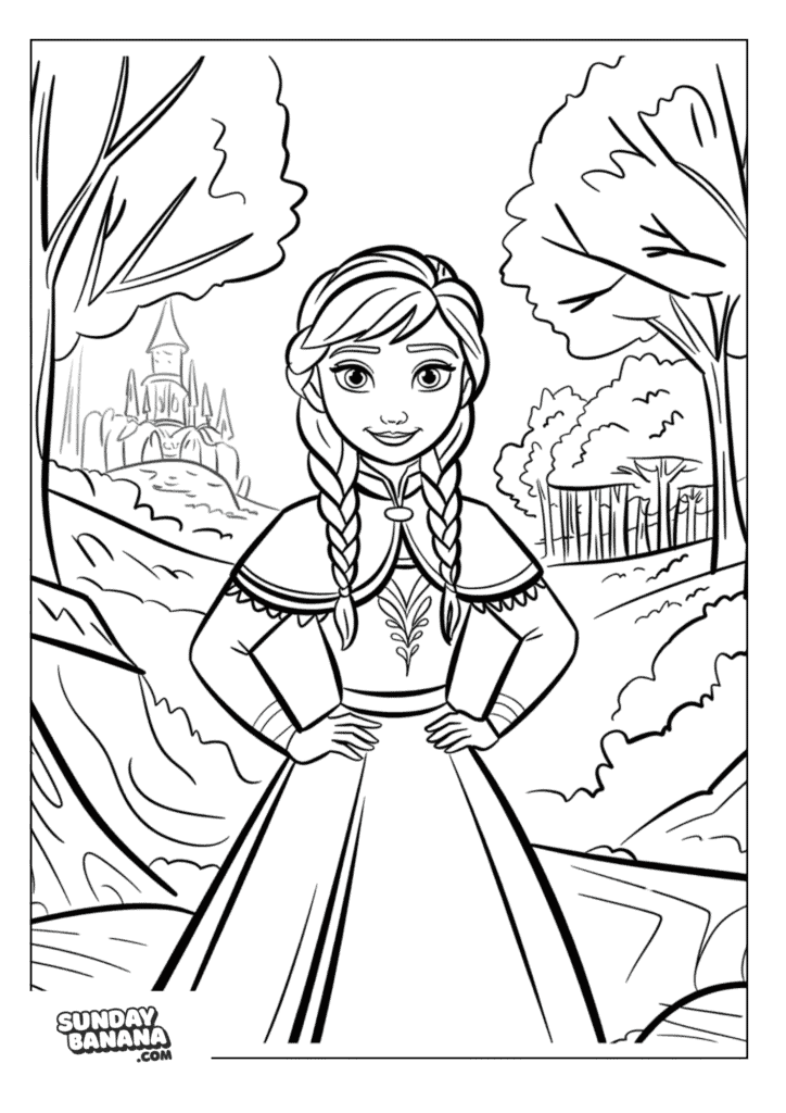 18-princess-anna-in-forest-frozen-coloring-page Princess Anna hands on hip looking forward in forest with castle in the background Disney Frozen coloring page