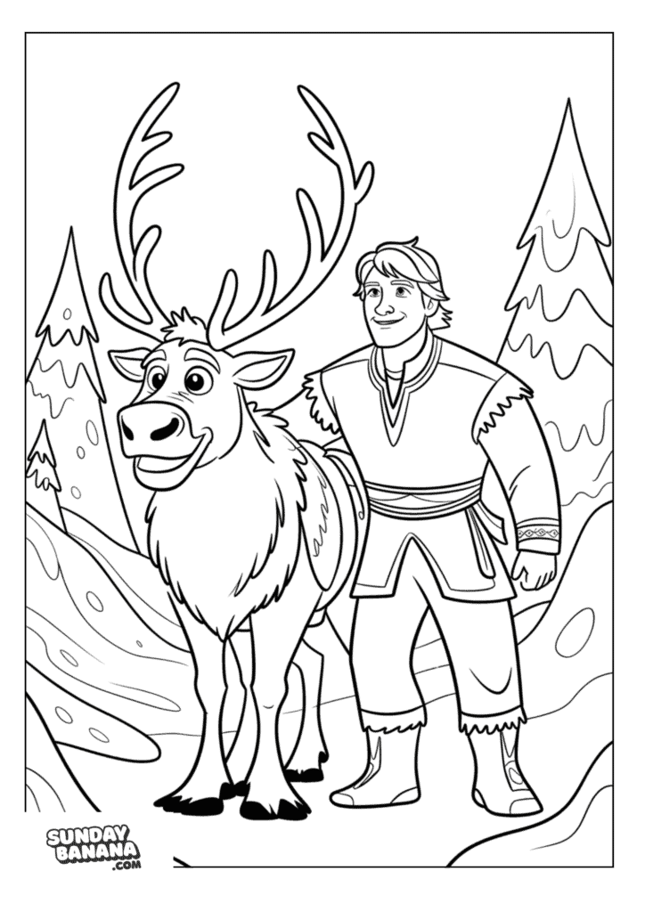 38-sven-and-kristoff-snowy-forest-frozen-coloring-page Sven and Kristoff in snowy forest Disney Frozen coloring page