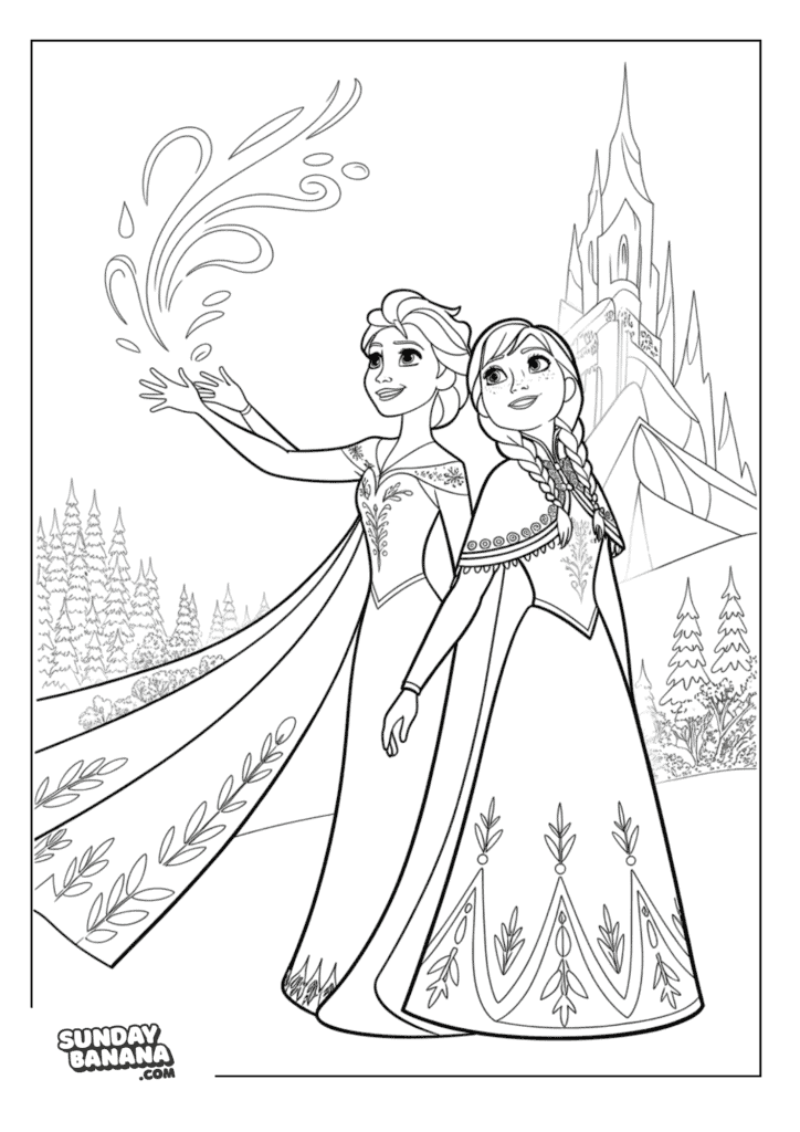 49-princess-anna-and-queen-elsa-making-magic-swirls-frozen-coloring-page Princess Anna and Queen Elsa making magic frosts with castle background Disney Frozen coloring page
