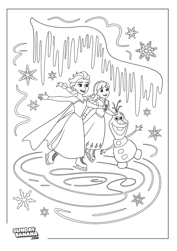 52-elsa-anna-olaf-ice-skating-twirls-frozen-coloring-page Queen Elsa, Princess Anna and Olaf ice skating doing twirls Disney Frozen coloring page