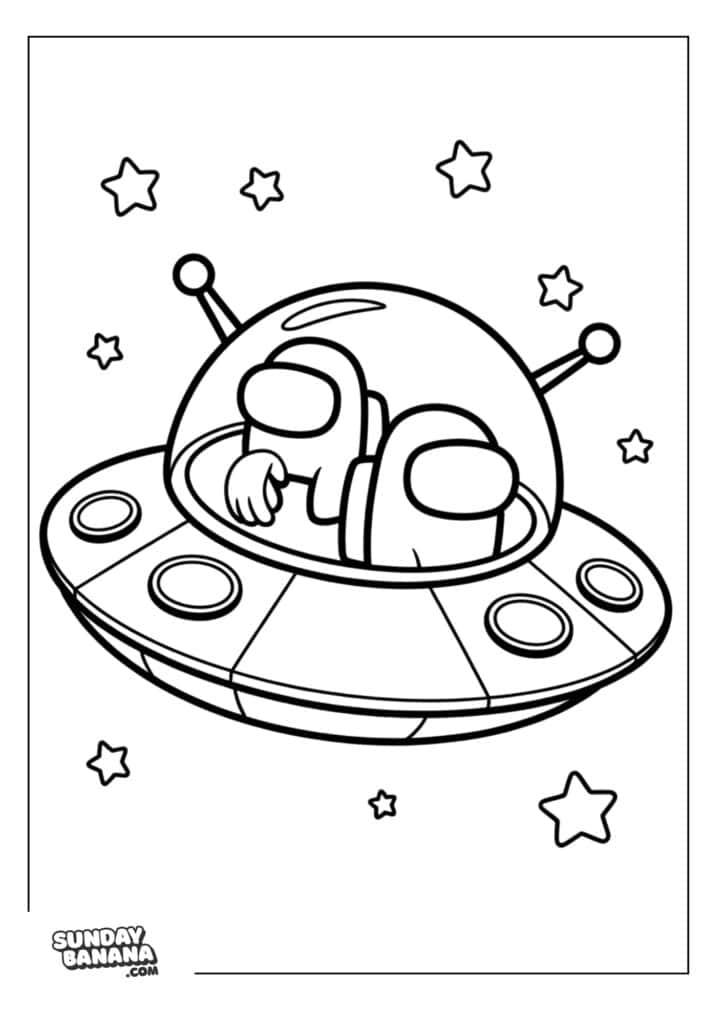 01-flying-spaceship-among-us-coloring-page Two crewmate flying small spaceship with stars around Among Us coloring page