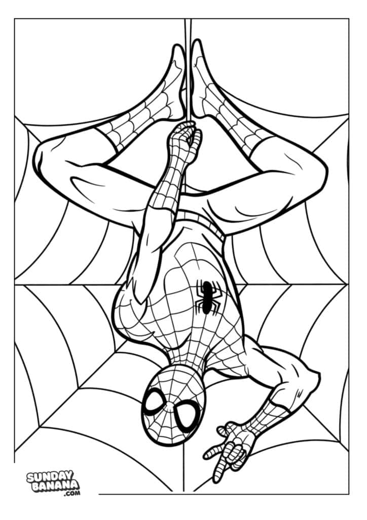 03-iconic-upside-down-pose-spiderman-coloring-page Iconic upside down pose with web background Spiderman coloring page for kids