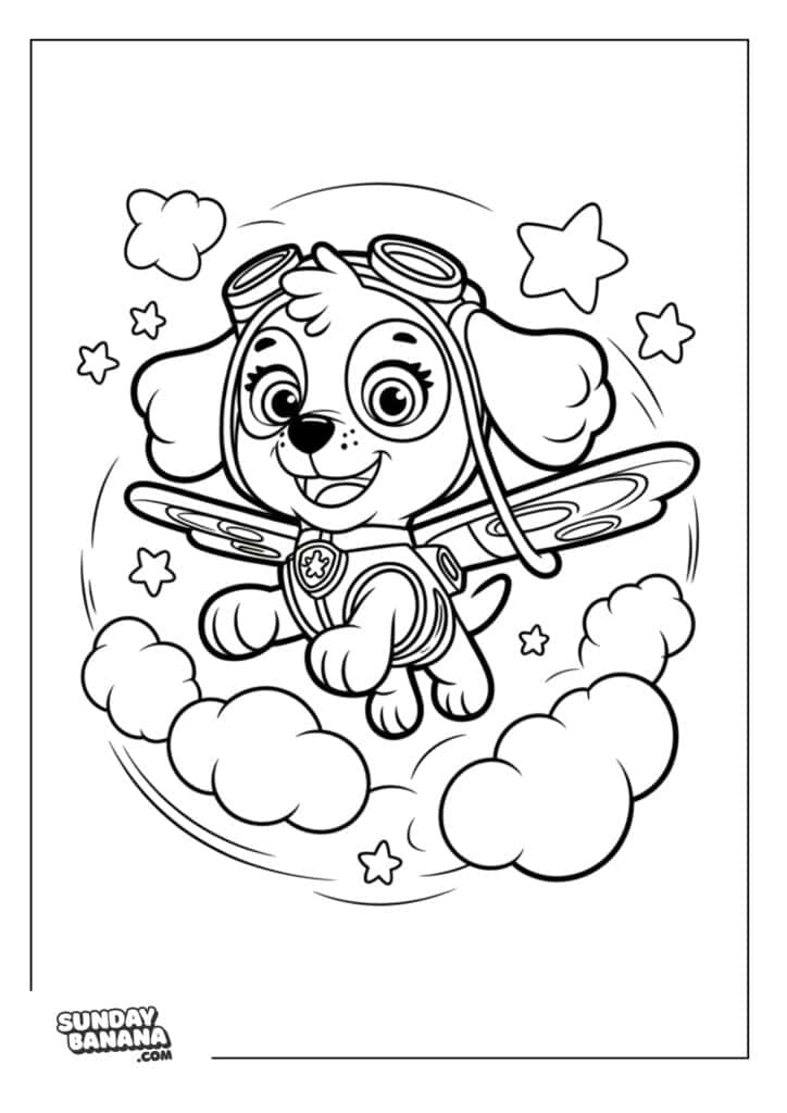 Skye flying with clouds and stars around Paw Patrol coloring page for kids