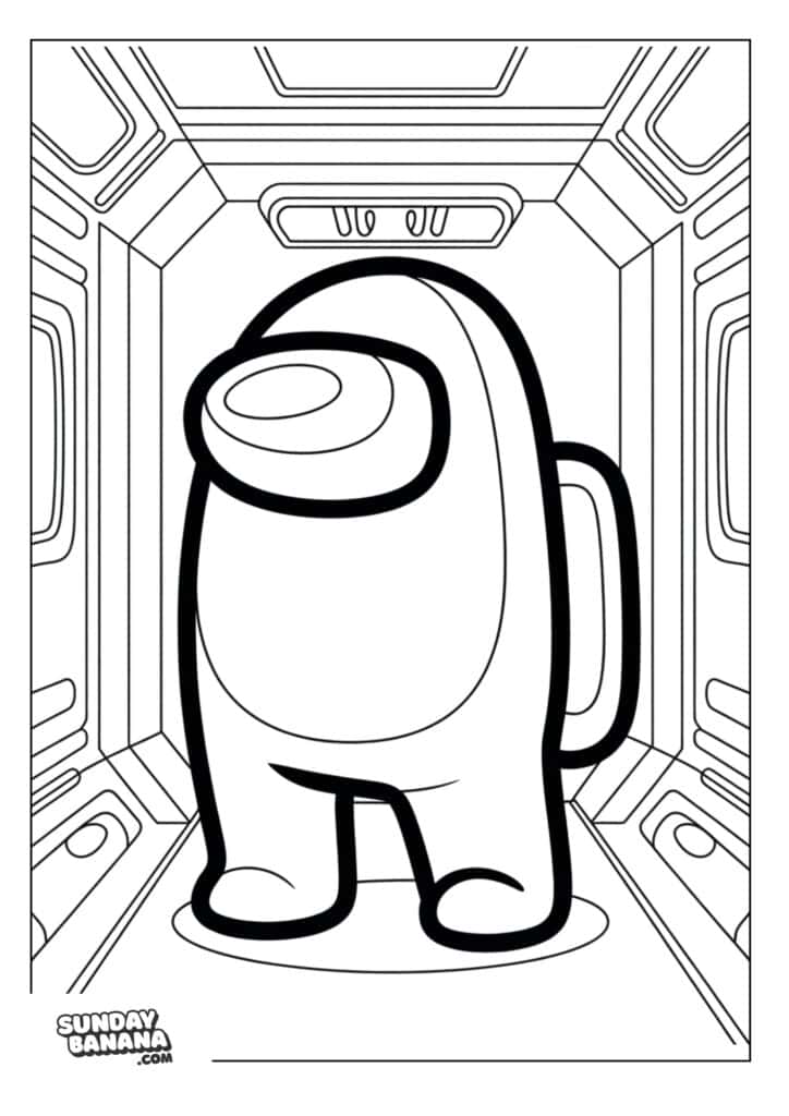 03-standing-in-spaceship-corridor-among-us-coloring-page Crewmate standing in spaceship corridor Among Us coloring page