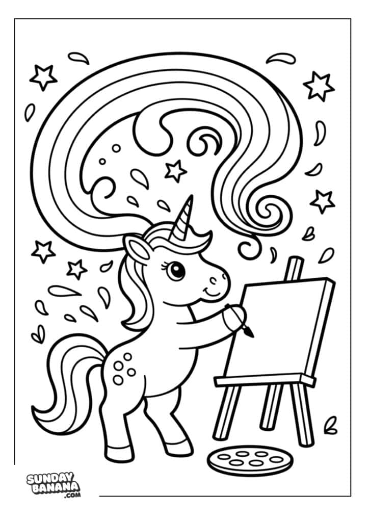 04-unicorn-painting-on-easel-unicorns-coloring-page Unicorn painting with paint swirls above Unicorn coloring page